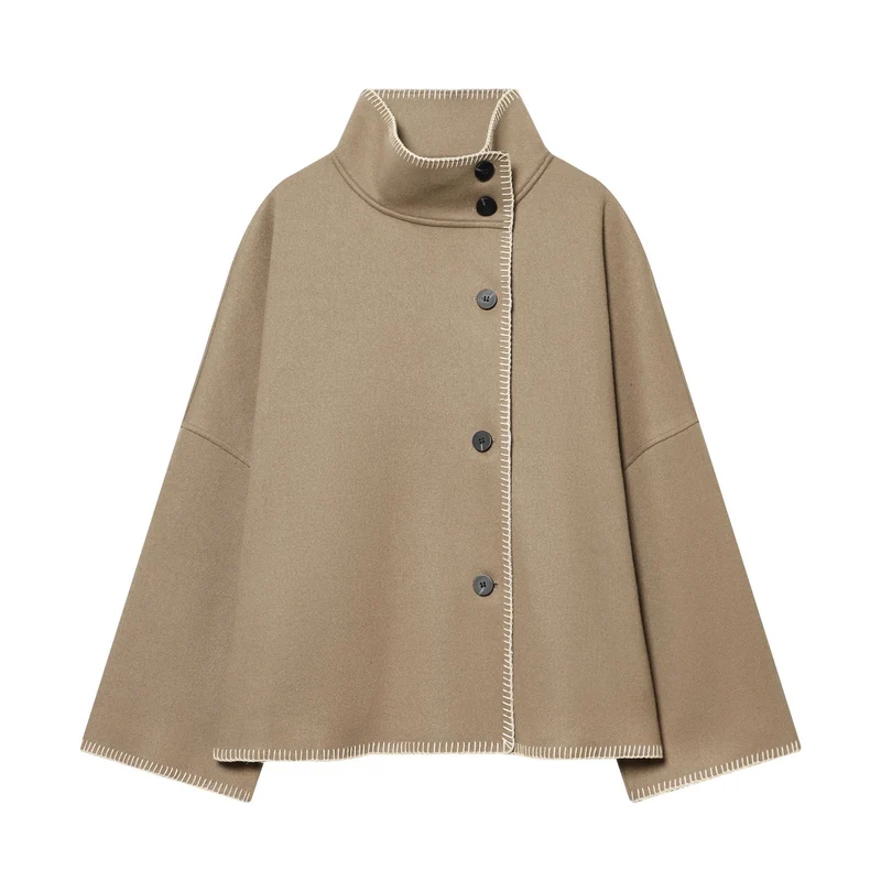 Damen nan kastiges Wollcape mit hohem Stehkragen, asymmetrischer Knopfleiste und Ziernaht Drune