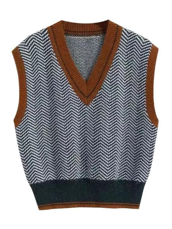 Damen Strickpullover mit V-Ausschnitt und modernem Zickzackmuster Drune