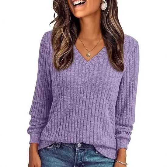 Damen Weicher Rippstrickpullover mit V-Ausschnitt Drune