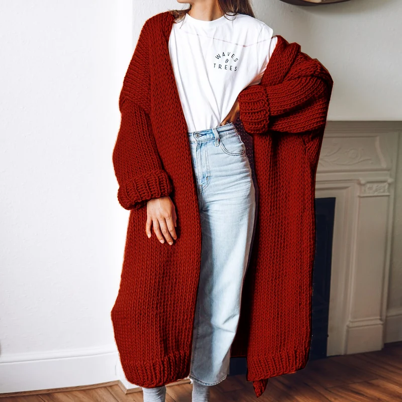 Damen Oversize Maxi Grobstrick-Cardigan mit offener Front und voluminösen Ärmeln Drune