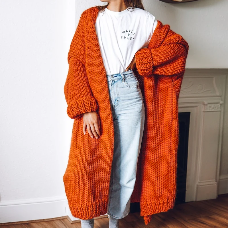 Damen Oversize Maxi Grobstrick-Cardigan mit offener Front und voluminösen Ärmeln Drune