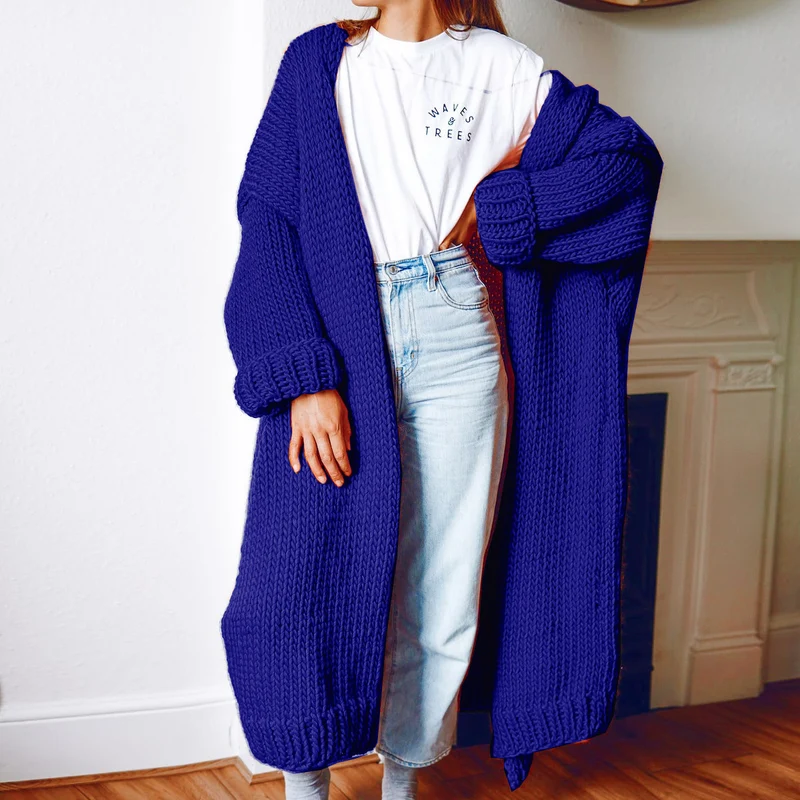 Damen Oversize Maxi Grobstrick-Cardigan mit offener Front und voluminösen Ärmeln Drune