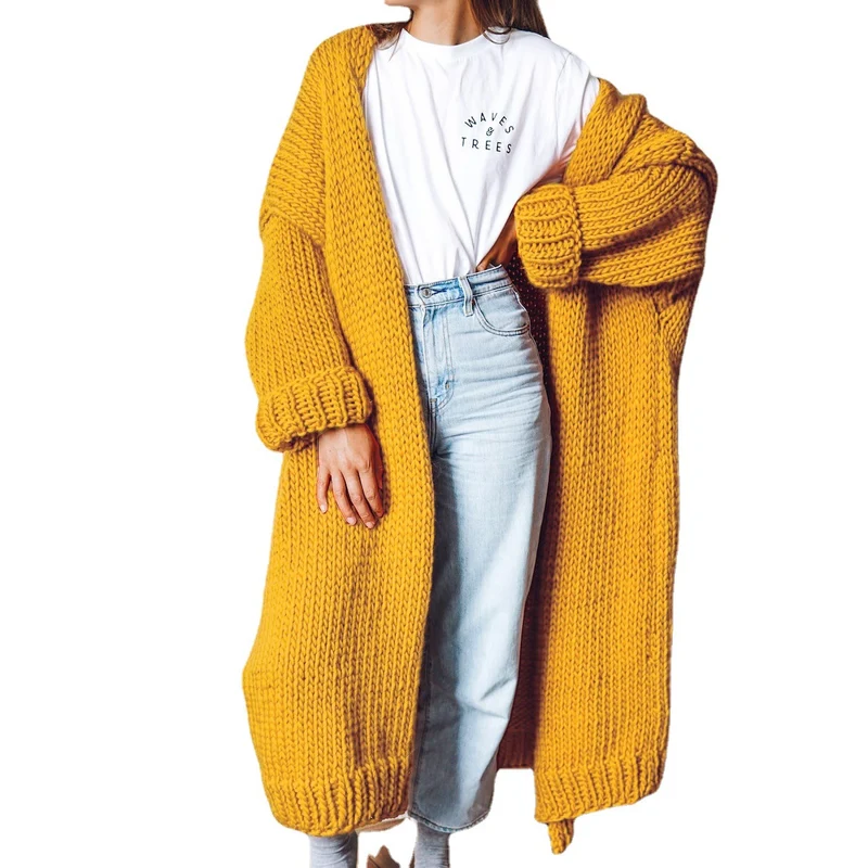 Damen Oversize Maxi Grobstrick-Cardigan mit offener Front und voluminösen Ärmeln Drune