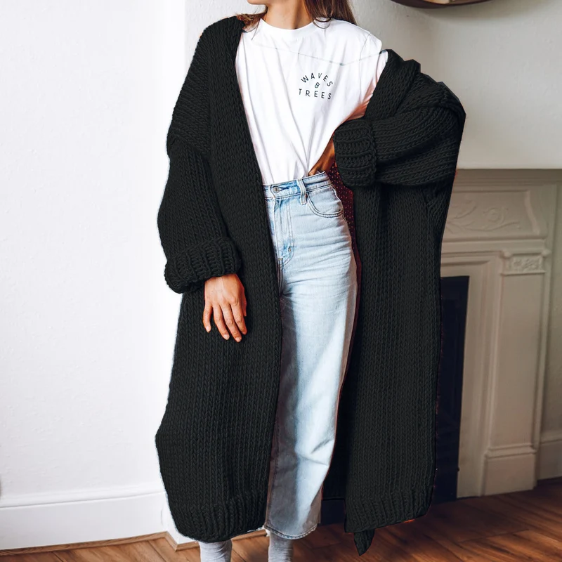 Damen Oversize Maxi Grobstrick-Cardigan mit offener Front und voluminösen Ärmeln Drune