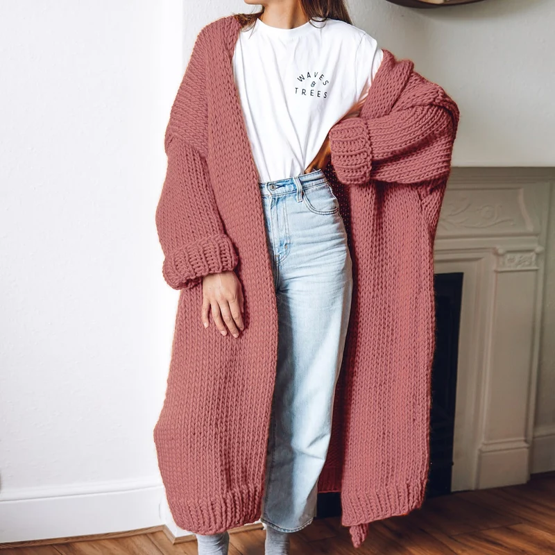 Damen Oversize Maxi Grobstrick-Cardigan mit offener Front und voluminösen Ärmeln Drune