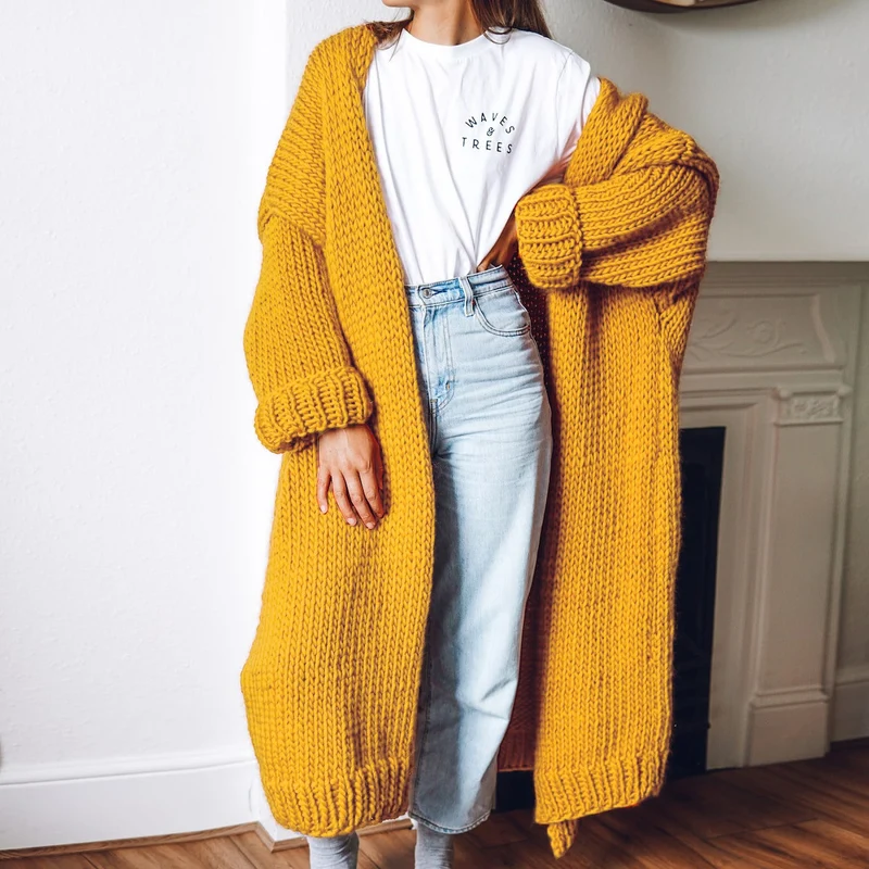 Damen Oversize Maxi Grobstrick-Cardigan mit offener Front und voluminösen Ärmeln Drune