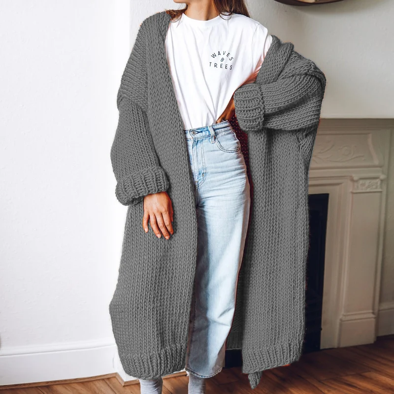 Damen Oversize Maxi Grobstrick-Cardigan mit offener Front und voluminösen Ärmeln Drune