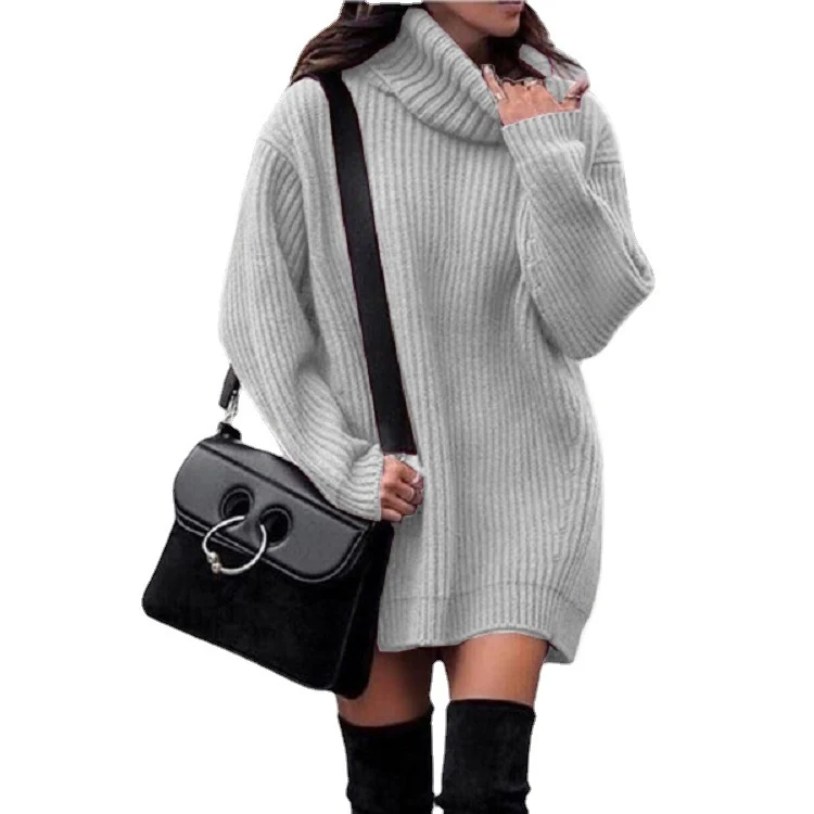 Damen Oversize-Longpullover mit Rollkragen, geripptem Feinstrick und figurumspielender Tunika-Länge Drune