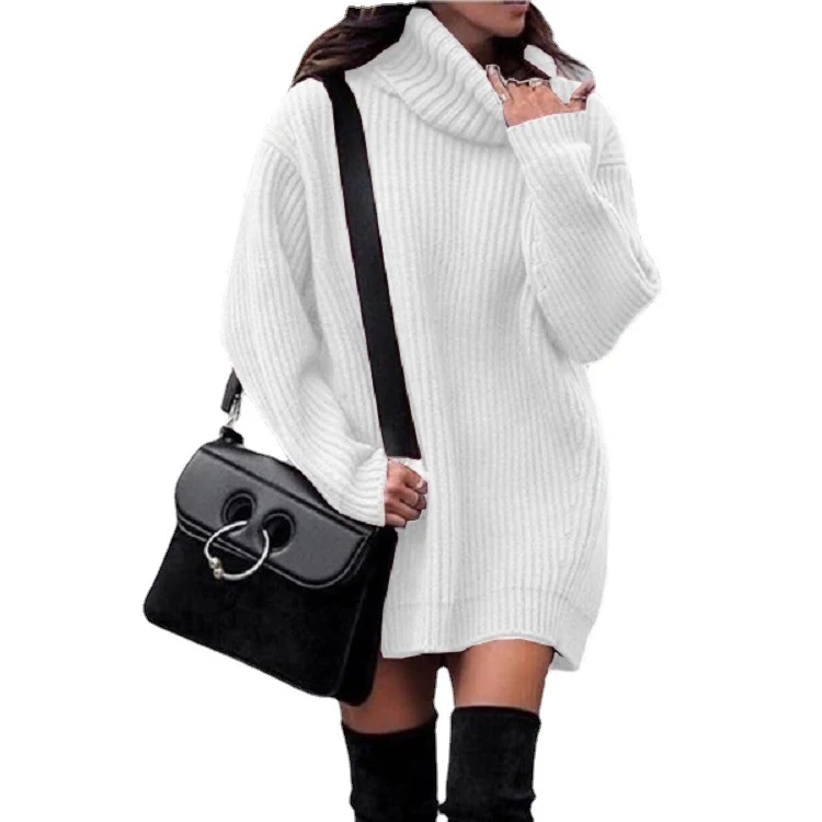 Damen Oversize-Longpullover mit Rollkragen, geripptem Feinstrick und figurumspielender Tunika-Länge Drune