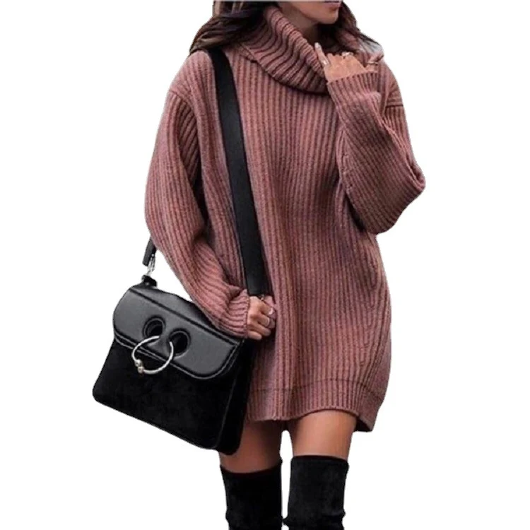 Damen Oversize-Longpullover mit Rollkragen, geripptem Feinstrick und figurumspielender Tunika-Länge Drune