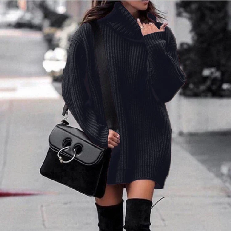 Damen Oversize-Longpullover mit Rollkragen, geripptem Feinstrick und figurumspielender Tunika-Länge Drune