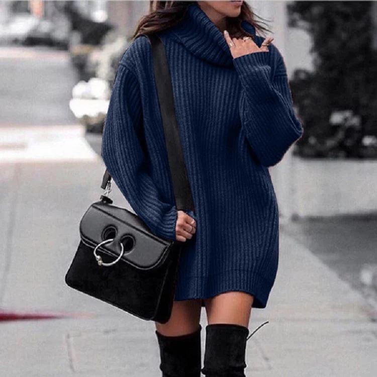 Damen Oversize-Longpullover mit Rollkragen, geripptem Feinstrick und figurumspielender Tunika-Länge Drune