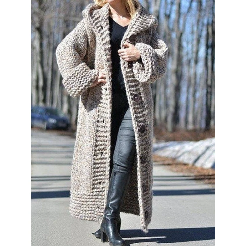 Damen Oversize Grobstrick Maximantel mit Kapuze und Knopfleiste Drune