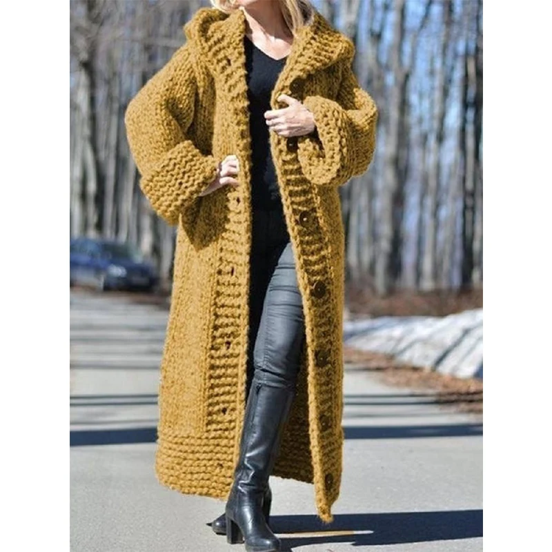 Damen Oversize Grobstrick Maximantel mit Kapuze und Knopfleiste Drune