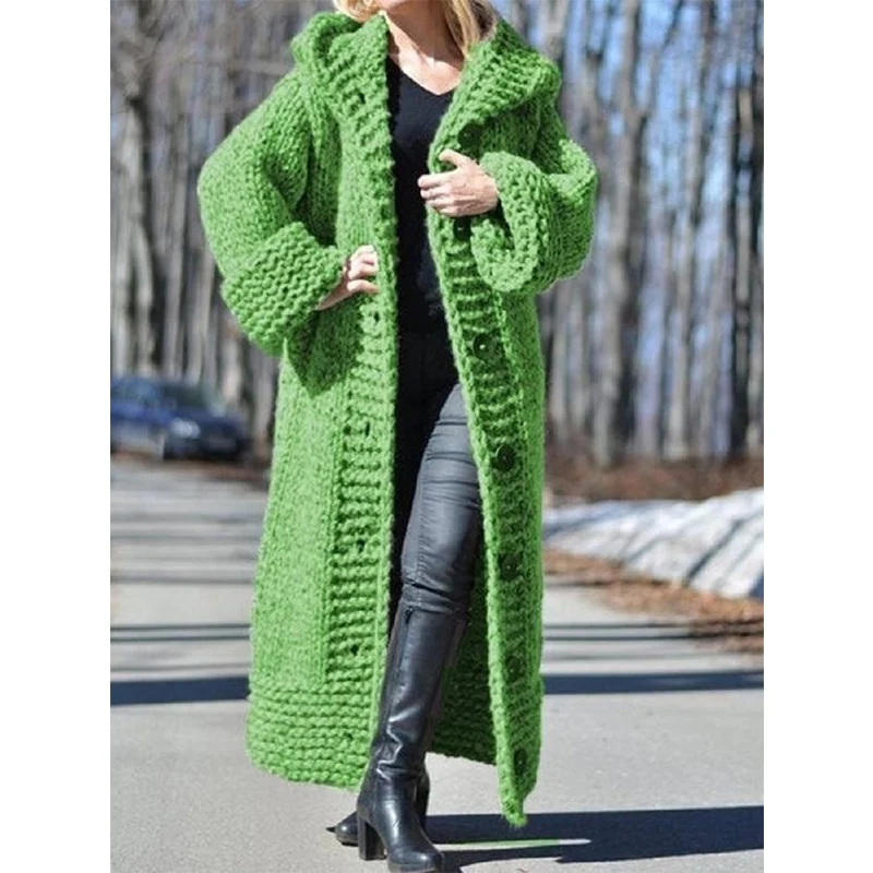Damen Oversize Grobstrick Maximantel mit Kapuze und Knopfleiste Drune