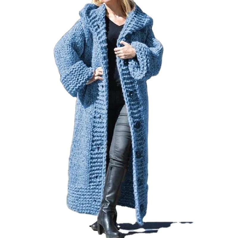 Damen Oversize Grobstrick Maximantel mit Kapuze und Knopfleiste Drune