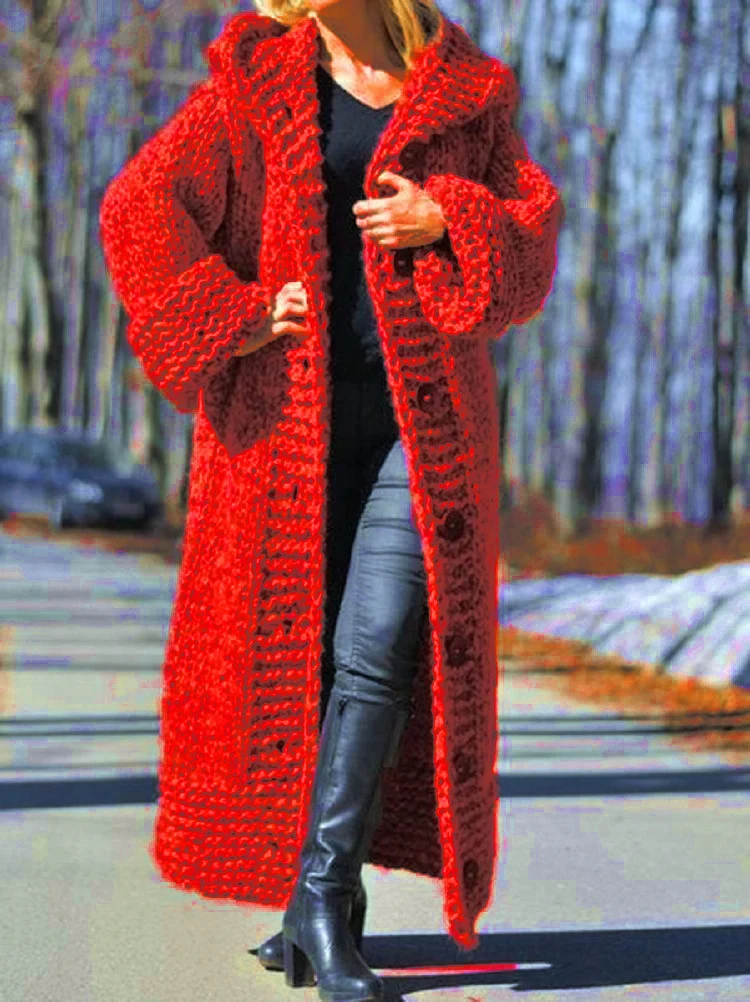 Damen Oversize Grobstrick Maximantel mit Kapuze und Knopfleiste Drune