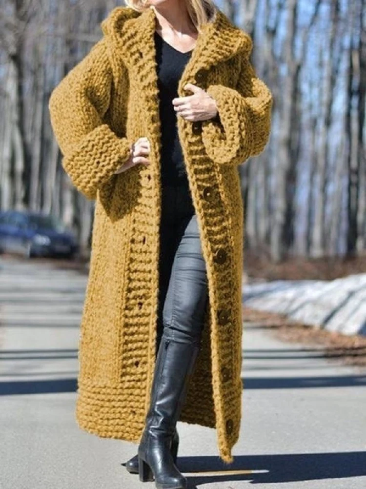 Damen Oversize Grobstrick Maximantel mit Kapuze und Knopfleiste Drune
