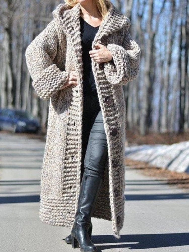 Damen Oversize Grobstrick Maximantel mit Kapuze und Knopfleiste Drune