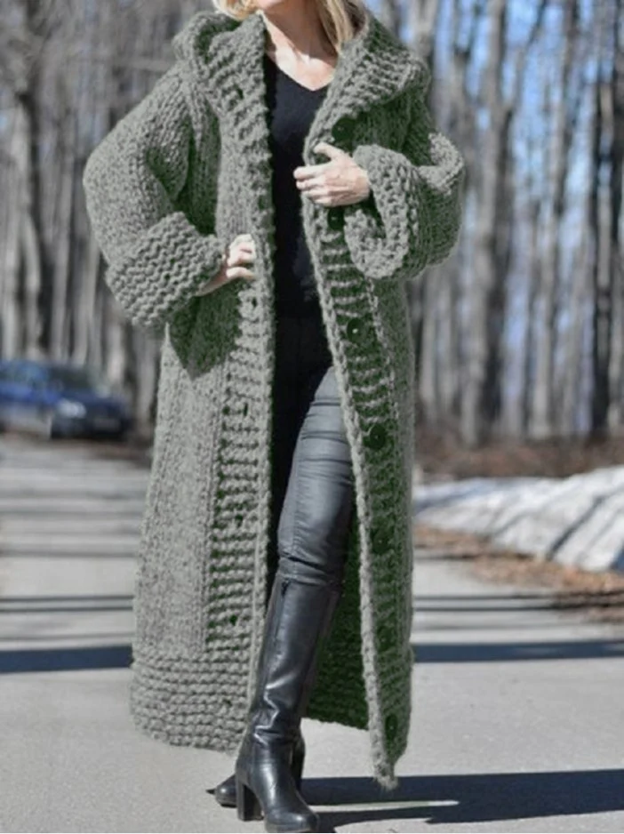 Damen Oversize Grobstrick Maximantel mit Kapuze und Knopfleiste Drune