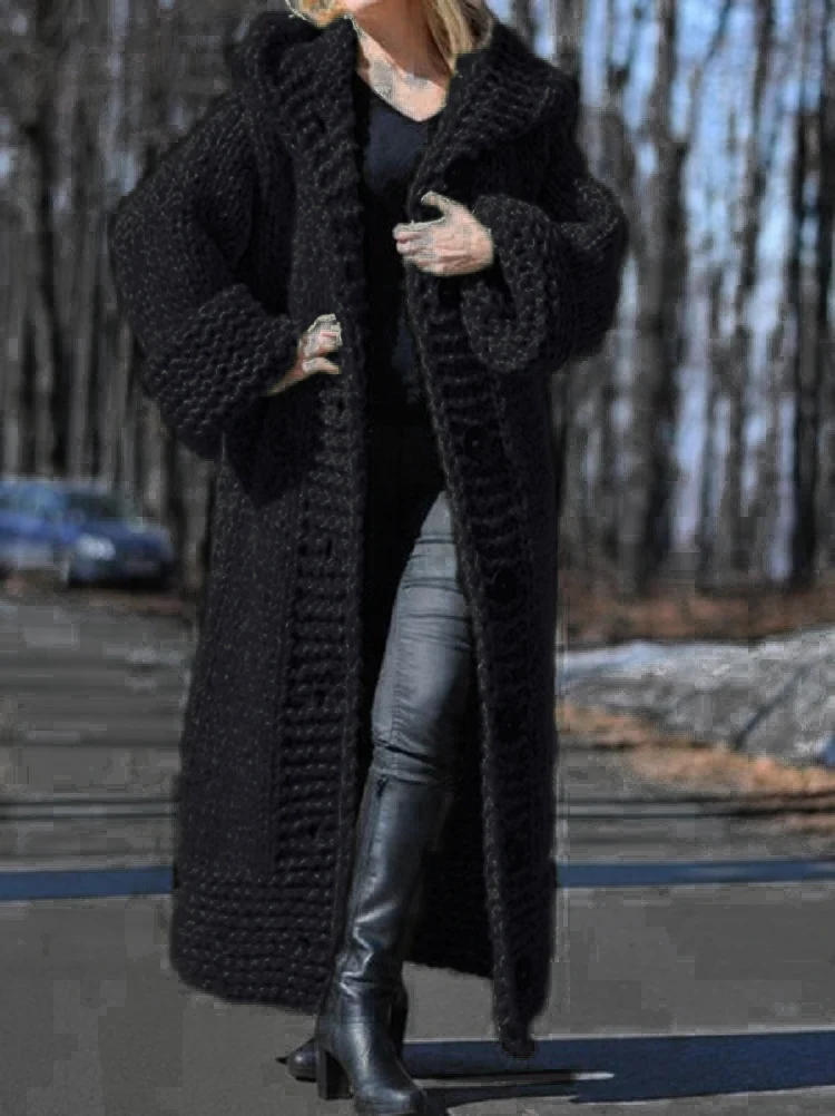 Damen Oversize Grobstrick Maximantel mit Kapuze und Knopfleiste Drune