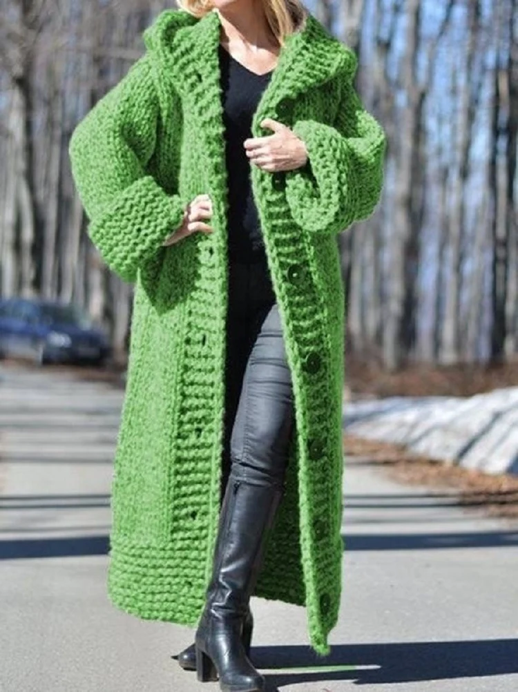 Damen Oversize Grobstrick Maximantel mit Kapuze und Knopfleiste Drune