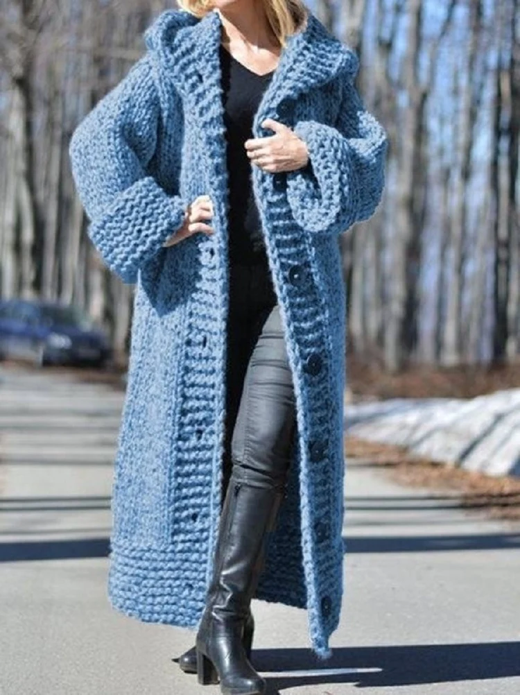 Damen Oversize Grobstrick Maximantel mit Kapuze und Knopfleiste Drune