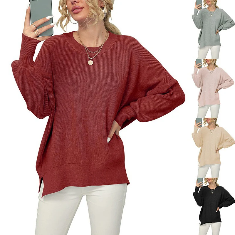 Damen Oversize-Feinstrickpullover mit Rundhalsausschnitt, überschnittener Schulter und Seitenschlitzen Drune
