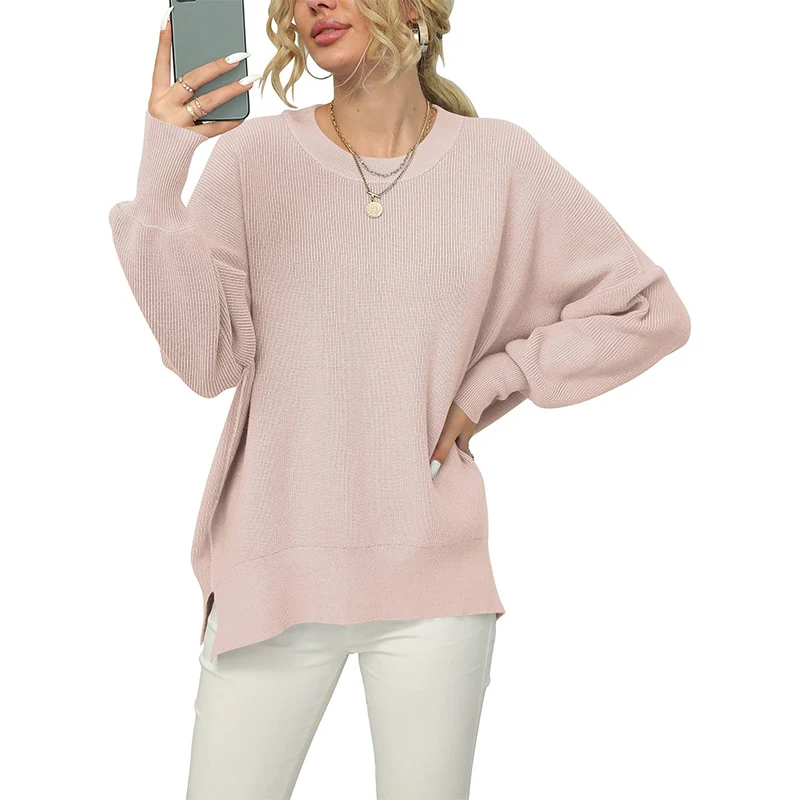 Damen Oversize-Feinstrickpullover mit Rundhalsausschnitt, überschnittener Schulter und Seitenschlitzen Drune