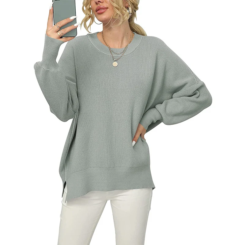 Damen Oversize-Feinstrickpullover mit Rundhalsausschnitt, überschnittener Schulter und Seitenschlitzen Drune