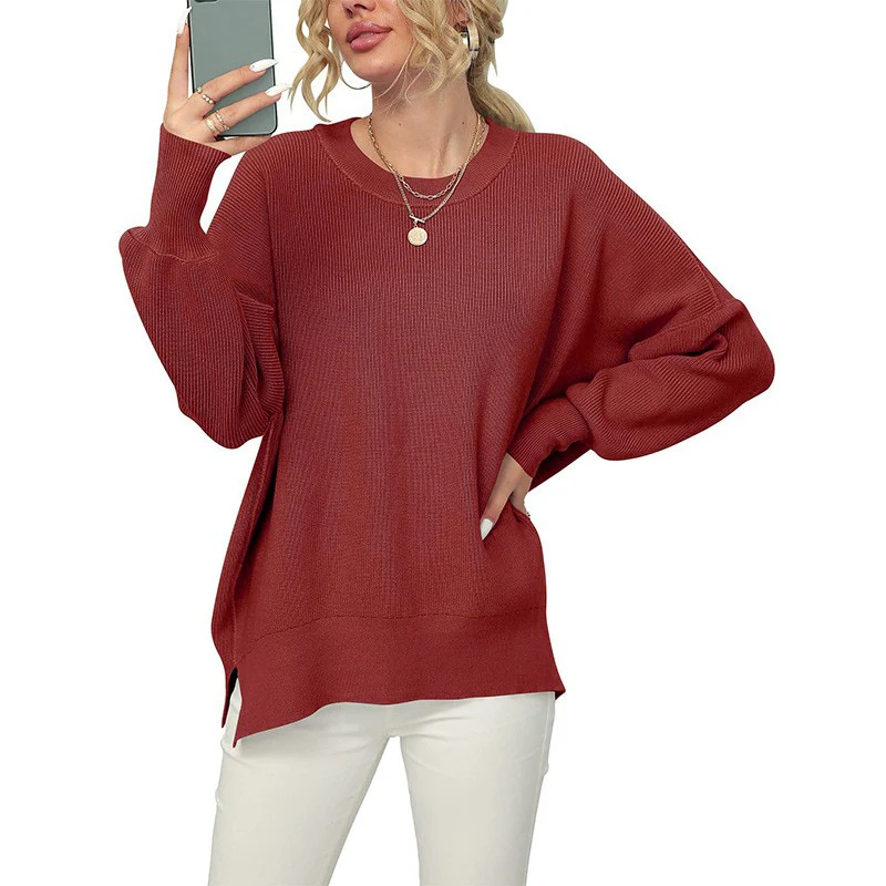 Damen Oversize-Feinstrickpullover mit Rundhalsausschnitt, überschnittener Schulter und Seitenschlitzen Drune