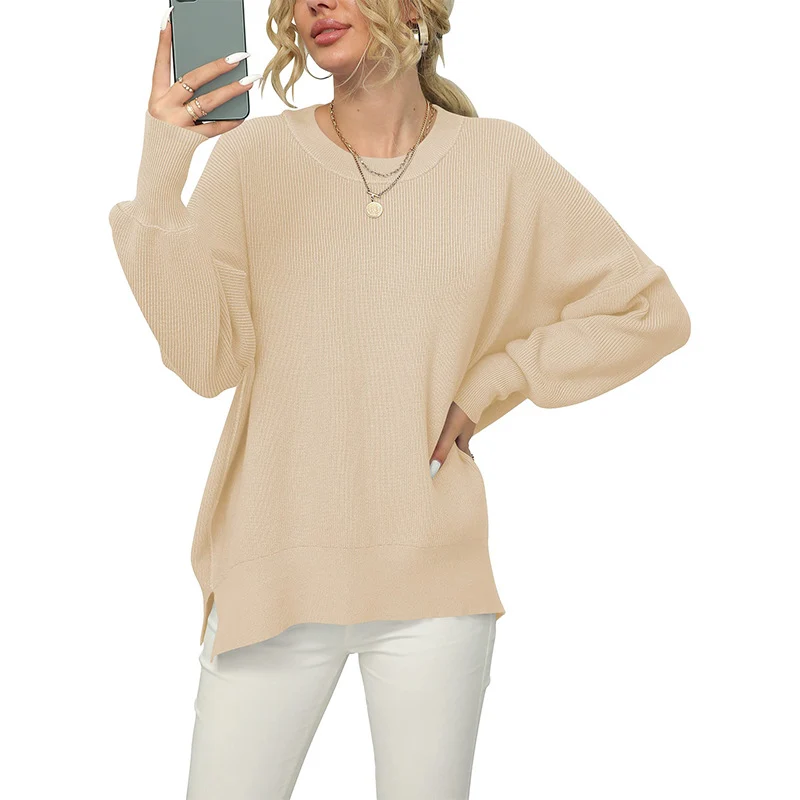 Damen Oversize-Feinstrickpullover mit Rundhalsausschnitt, überschnittener Schulter und Seitenschlitzen Drune