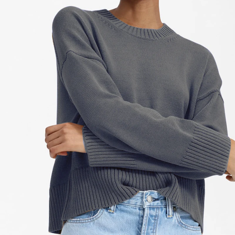 Damen Oversize-Feinstrickpullover mit Rundhalsausschnitt, überschnittener Schulter und breitem Rippsaum Drune