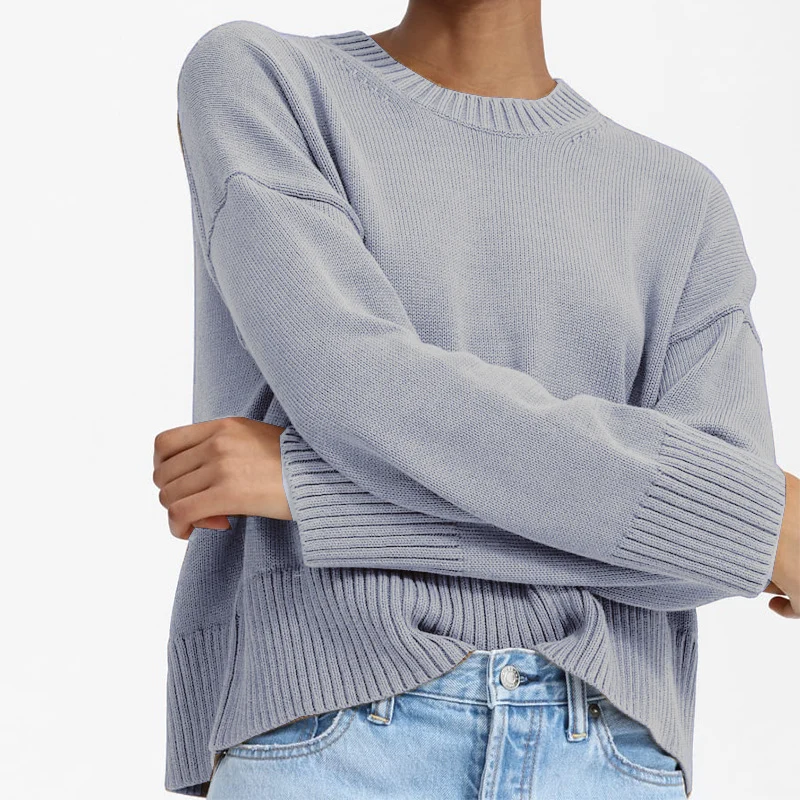 Damen Oversize-Feinstrickpullover mit Rundhalsausschnitt, überschnittener Schulter und breitem Rippsaum Drune