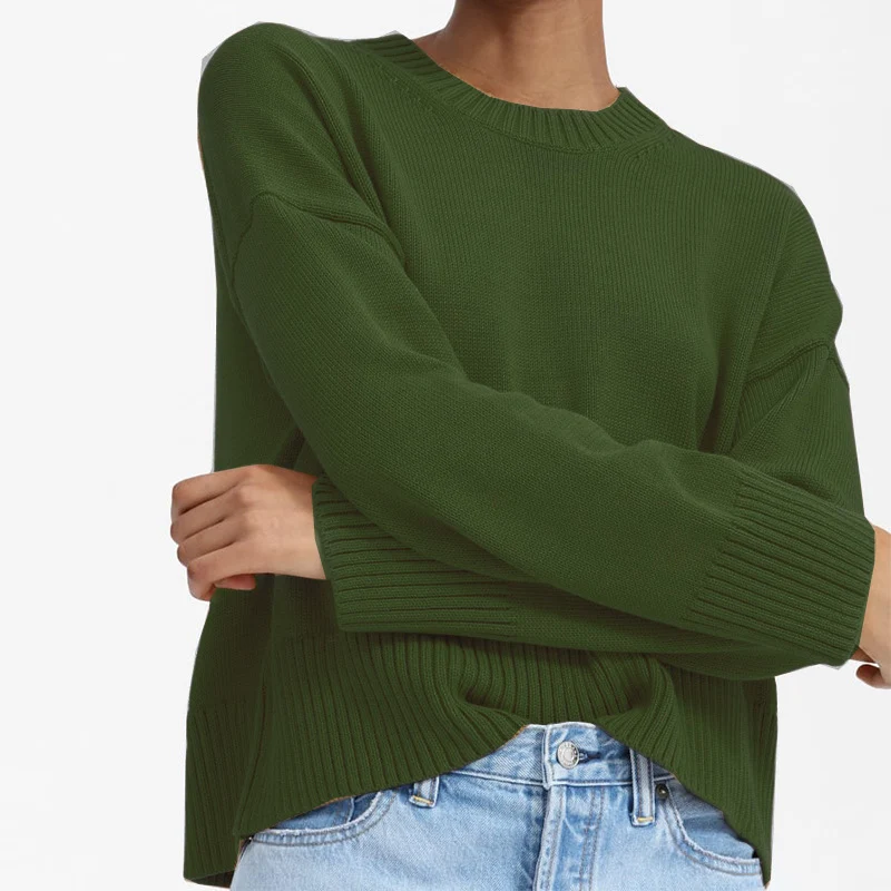 Damen Oversize-Feinstrickpullover mit Rundhalsausschnitt, überschnittener Schulter und breitem Rippsaum Drune