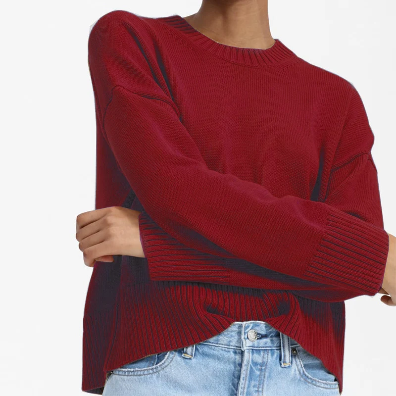 Damen Oversize-Feinstrickpullover mit Rundhalsausschnitt, überschnittener Schulter und breitem Rippsaum Drune