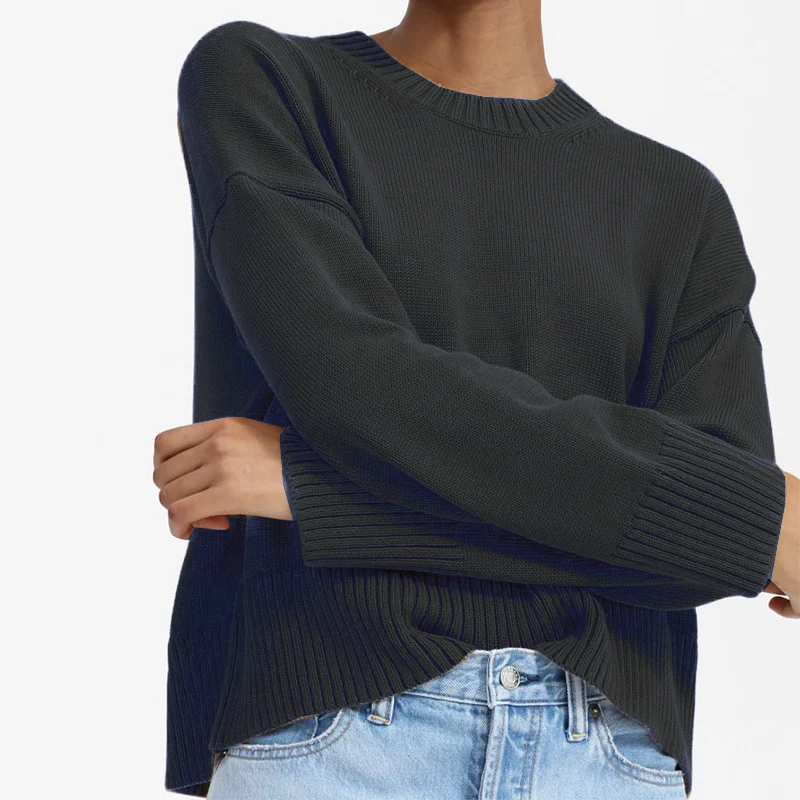 Damen Oversize-Feinstrickpullover mit Rundhalsausschnitt, überschnittener Schulter und breitem Rippsaum Drune