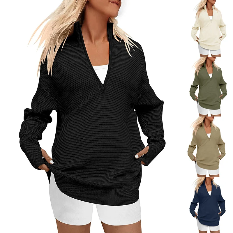 Damen Oversize-Feinstrickpullover mit halbem Reißverschluss, Stehkrragen und Daumenloch-Ärmeln Drune