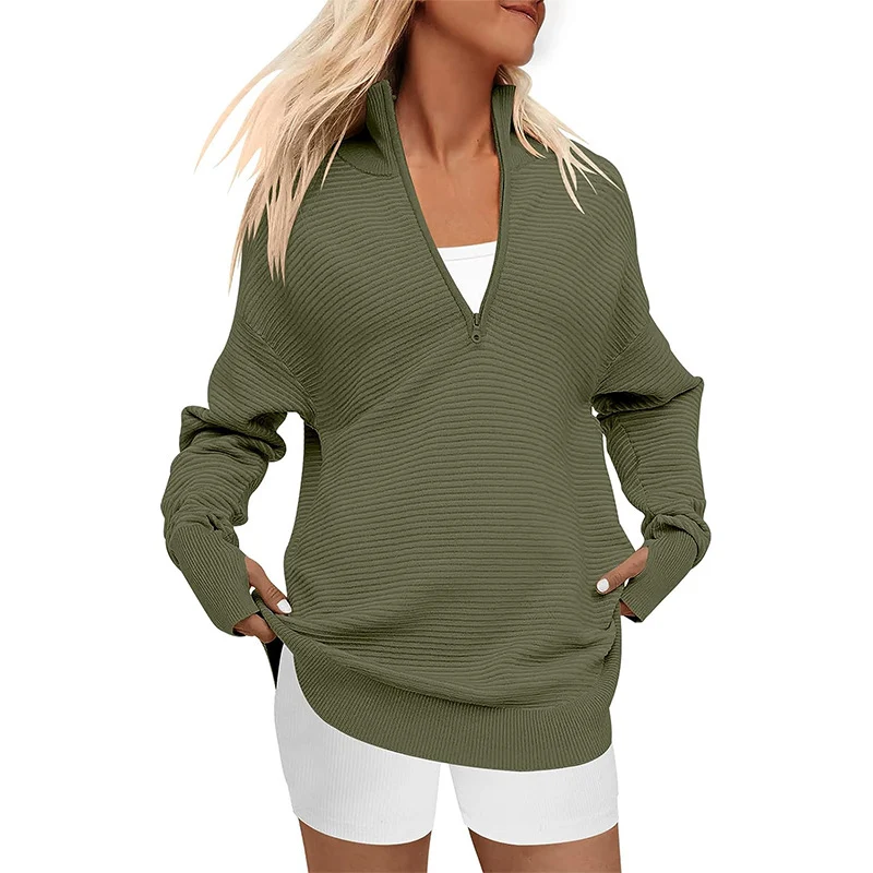 Damen Oversize-Feinstrickpullover mit halbem Reißverschluss, Stehkrragen und Daumenloch-Ärmeln Drune