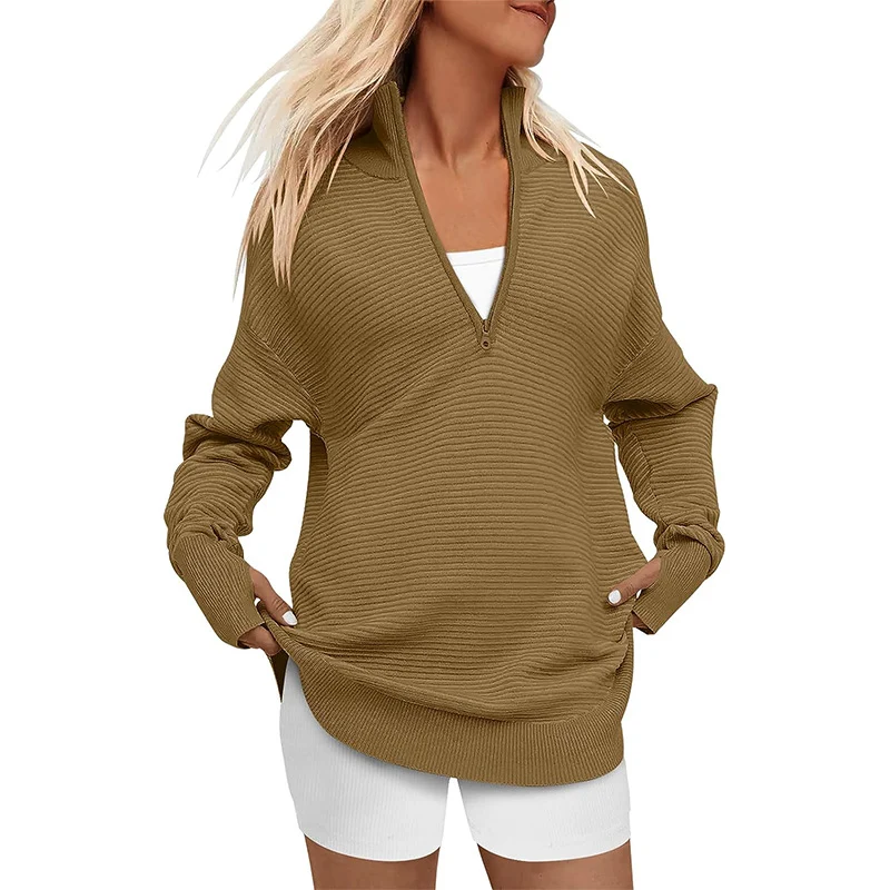 Damen Oversize-Feinstrickpullover mit halbem Reißverschluss, Stehkrragen und Daumenloch-Ärmeln Drune