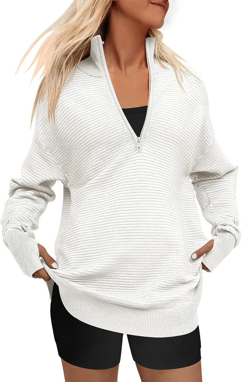 Damen Oversize-Feinstrickpullover mit halbem Reißverschluss, Stehkrragen und Daumenloch-Ärmeln Drune