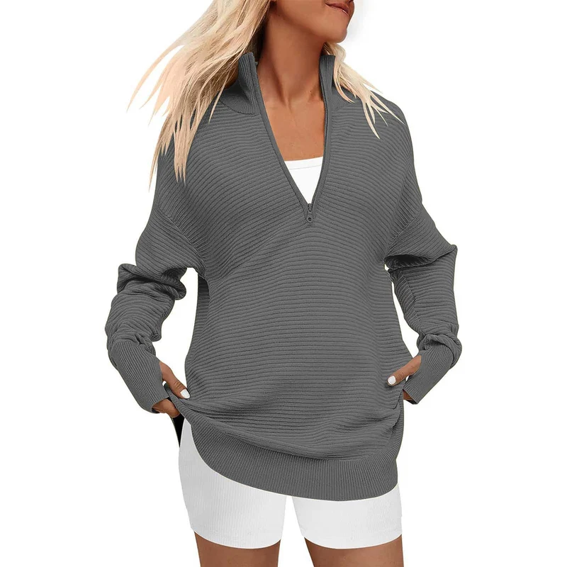 Damen Oversize-Feinstrickpullover mit halbem Reißverschluss, Stehkrragen und Daumenloch-Ärmeln Drune