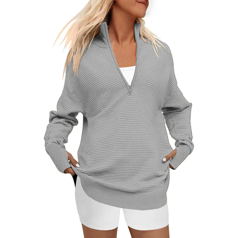 Damen Oversize-Feinstrickpullover mit halbem Reißverschluss, Stehkrragen und Daumenloch-Ärmeln Drune