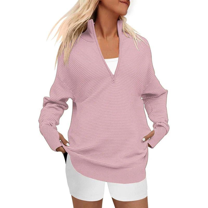 Damen Oversize-Feinstrickpullover mit halbem Reißverschluss, Stehkrragen und Daumenloch-Ärmeln Drune
