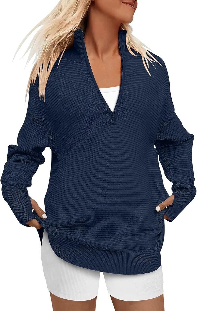 Damen Oversize-Feinstrickpullover mit halbem Reißverschluss, Stehkrragen und Daumenloch-Ärmeln Drune