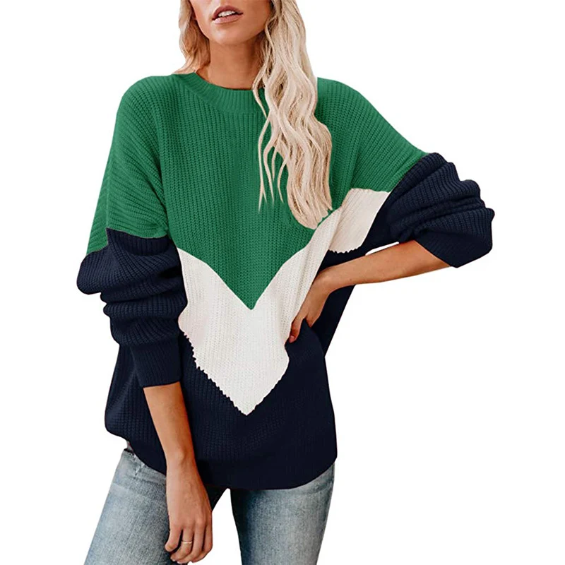 Damen Oversize-Colorblock-Pullover mit V‑Intarsie, Rippbündchen und Strukturstrick Drune