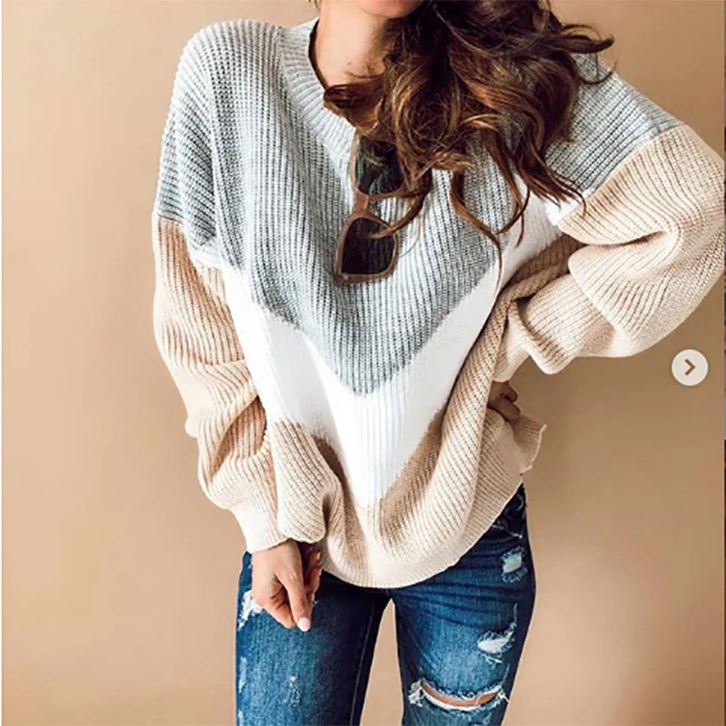 Damen Oversize-Colorblock-Pullover mit V‑Intarsie, Rippbündchen und Strukturstrick Drune
