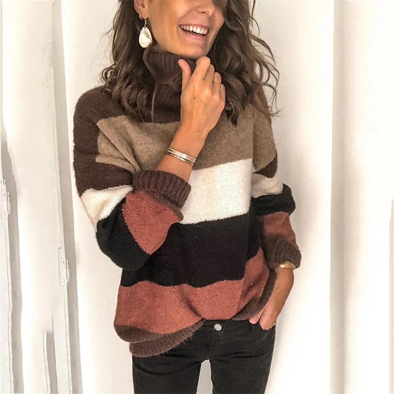 Damen Oversize-Blockstreifen-Rollkragenpullover aus fluffigem Strick Drune