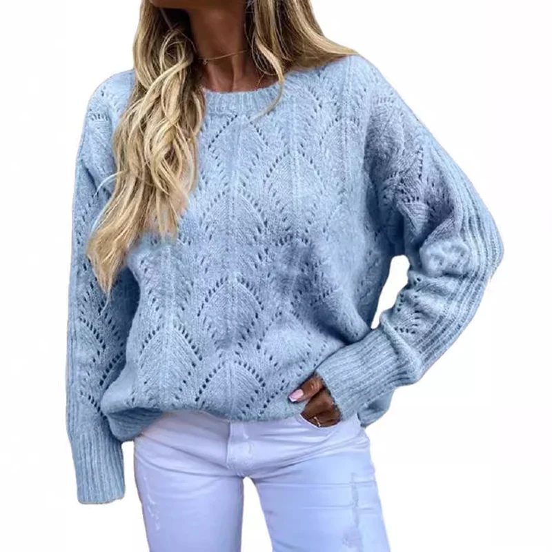 Damen Oversize Ajourstrick-Pullover mit Rundhalsausschnitt Drune