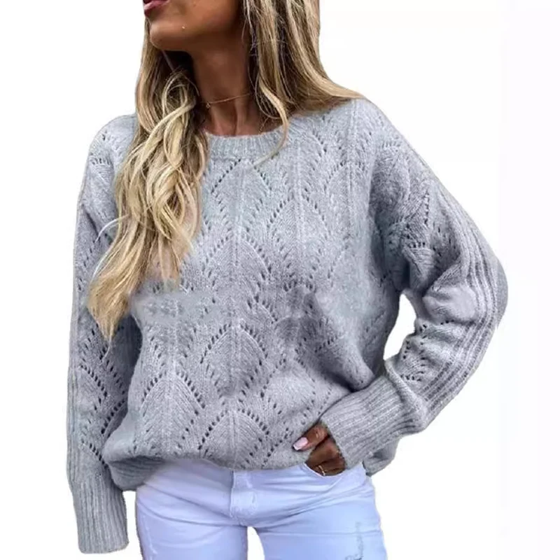Damen Oversize Ajourstrick-Pullover mit Rundhalsausschnitt Drune